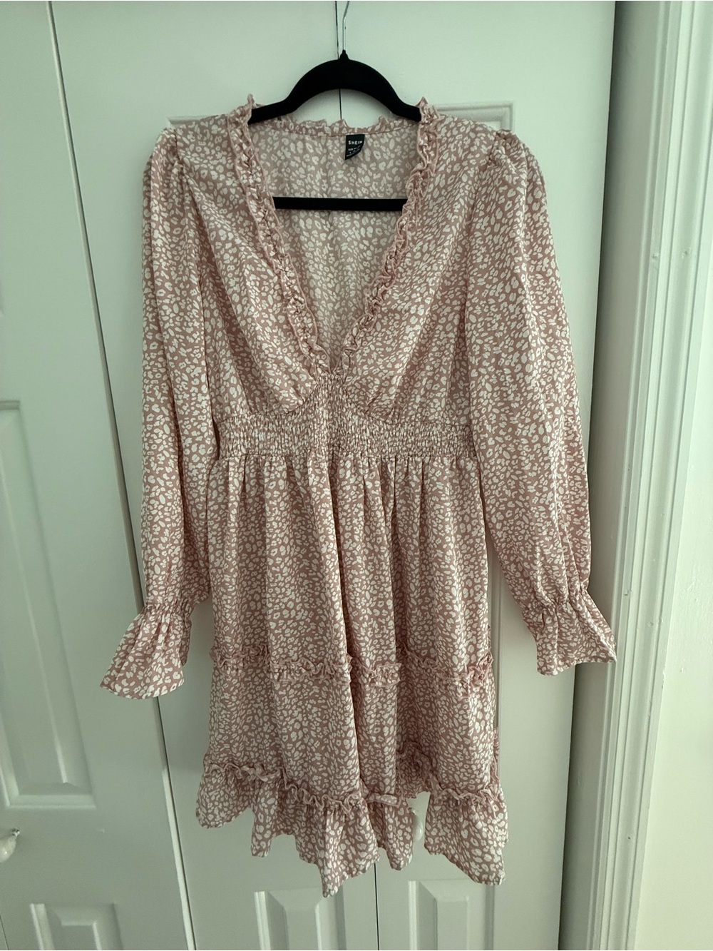 SHEIN Blush Print Ruffle V-Neck Mini Dress